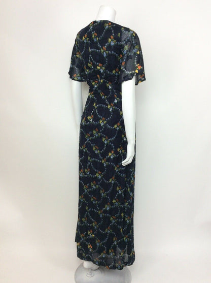 VINTAGE 60s 70s BLUE FLORAL DITSY ORANGE YELLOW GREEN SHEER MAXI DRESS 10 12