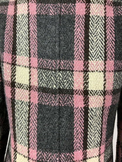 VINTAGE 60s 70s GREY SILVER WHITE BROWN PINK PLAID CHECKED MOD SWING COAT 14 16