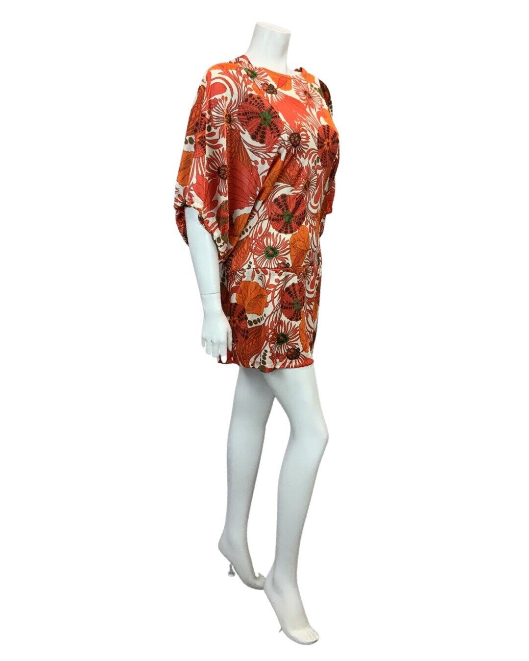 VTG 60s 70s WHITE RED ORANGE GREEN FLORAL PSYCHEDELIC BACKLESS MINI DRESS 8 10