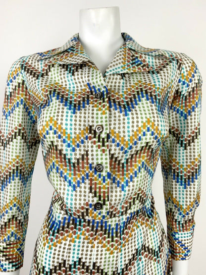 VTG 60s 70s WHITE BROWN BLUE YELLOW CHEVRON GEOMETRIC PLEATED SHIRT DRESS 12 14