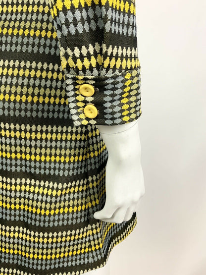 VINTAGE 60s 70s BLACK BLUE YELLOW STRIPED DOTTY DAGGER SHIRT SHIFT DRESS 8 10