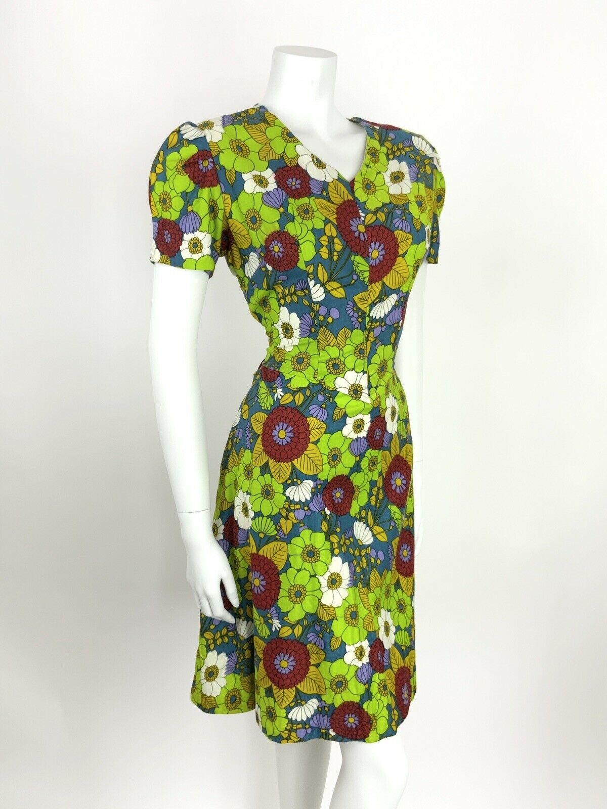 VINTAGE 60s A-LINE TEA DRESS FLORAL DITSY GREEN BLUE RED PURPLE 12 14