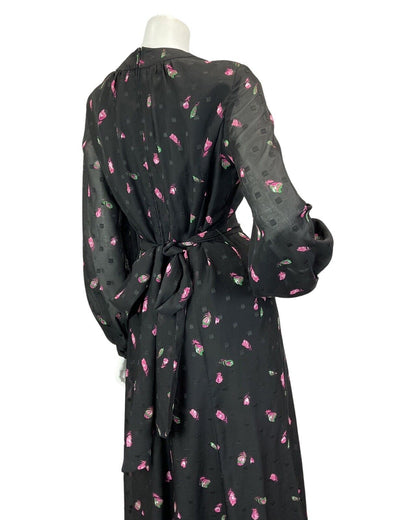 VINTAGE 60s 70s BLACK PINK GREEN FLOWER PRINT BOHO EVENING MAXI DRESS 12