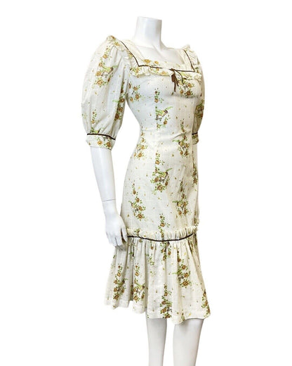 VINTAGE 70s WHITE YELLOW BROWN FLORAL BIRD PRAIRIE FOLK RUFFLE MIDI DRESS 10