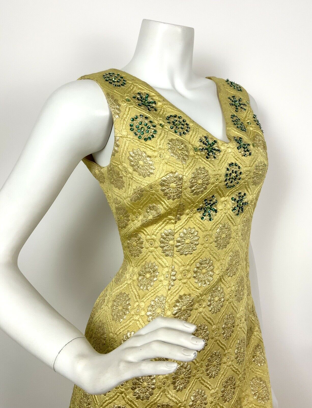 VINTAGE 60s 70s YELLOW GOLD GREEN FLORAL QUILTED STAR BEADED MAXI DRESS 8 10