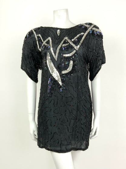 VINTAGE 70s 80s BLACK SILVER HOLOGRAPHIC SEQUINNED DISCO PARTY TOP BLOUSE 12 14