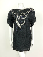 VINTAGE 70s 80s BLACK SILVER HOLOGRAPHIC SEQUINNED DISCO PARTY TOP BLOUSE 12 14