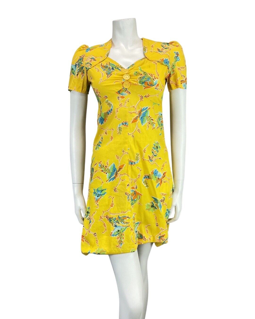 VINTAGE 60s YELLOW BLUE ORANGE FLORAL VINE MOD SUMMER MINI DRESS 8