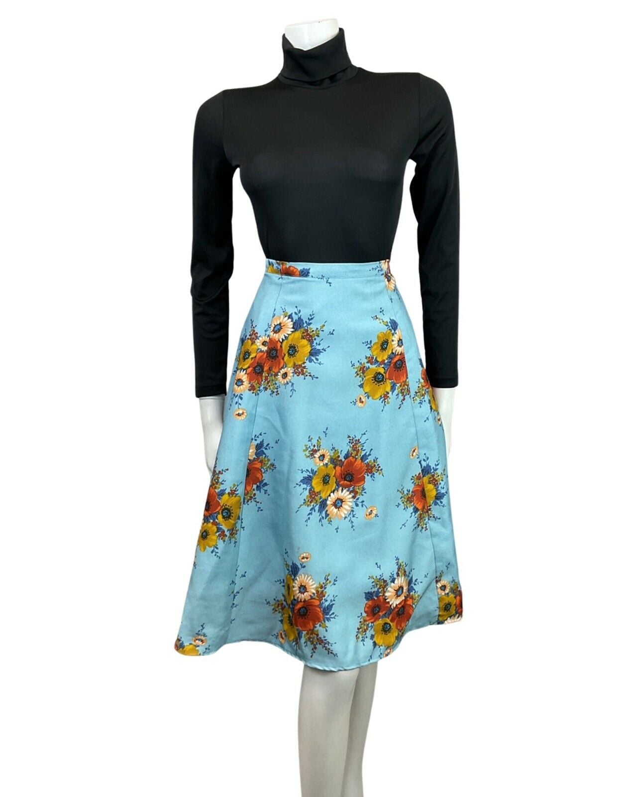 VINTAGE 60s 70s BLUE RED GOLD FLORAL POPPY BOUQUET SWING FLARED MIDI SKIRT 8 10