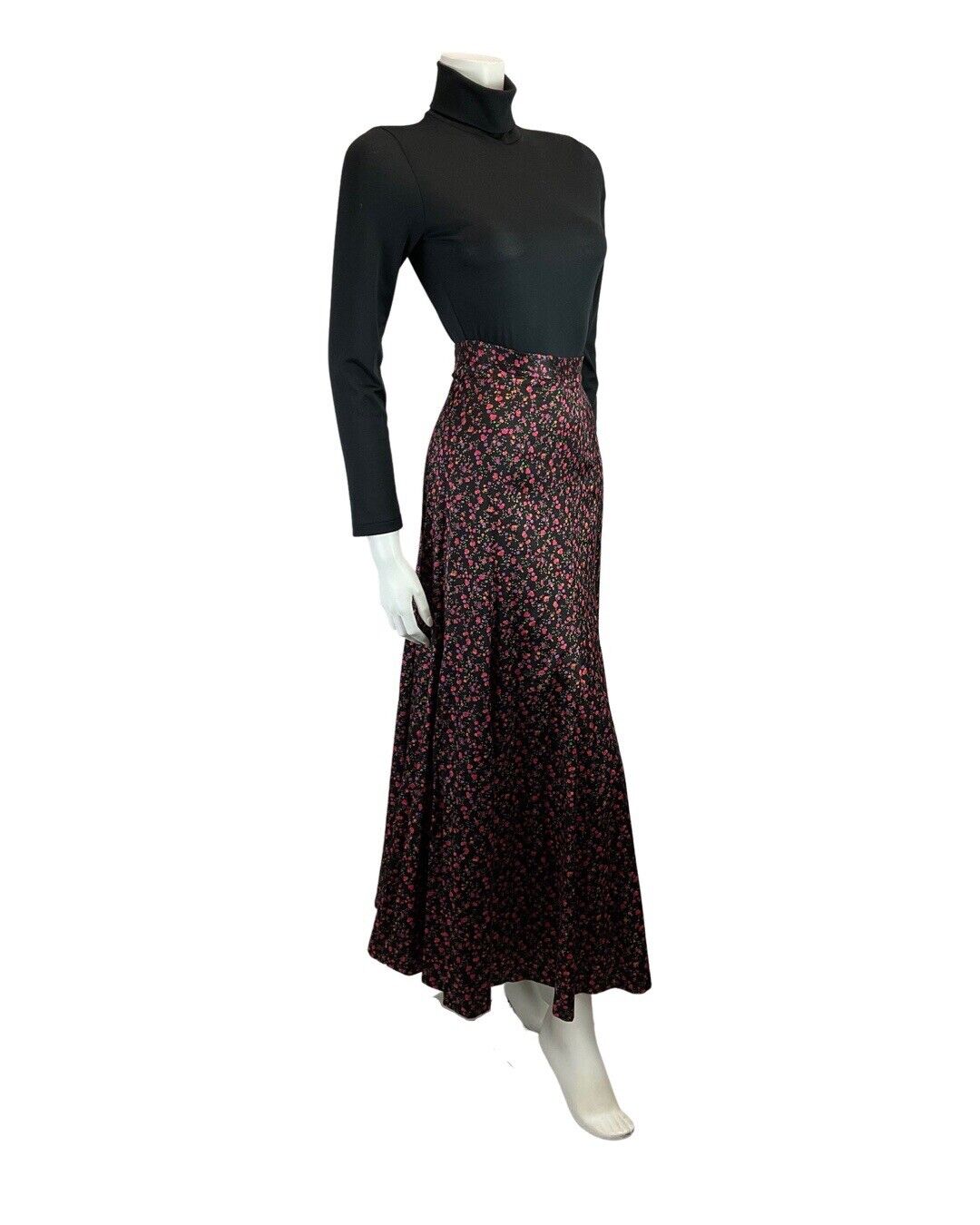 VINTAGE 60s 70s BLACK PINK GREEN FLORAL DITSY BOHO PRAIRIE MAXI SKIRT 4