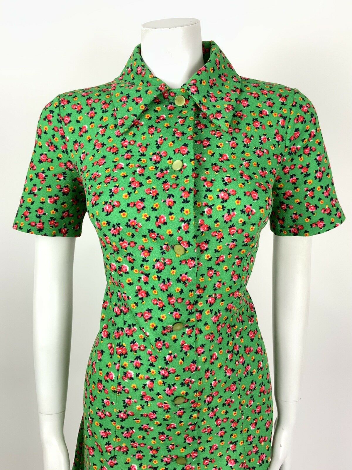 VINTAGE 60s 70s GREEN PINK RED YELLOW FLORAL DITSY DAGGER SHIRT DRESS 10 12