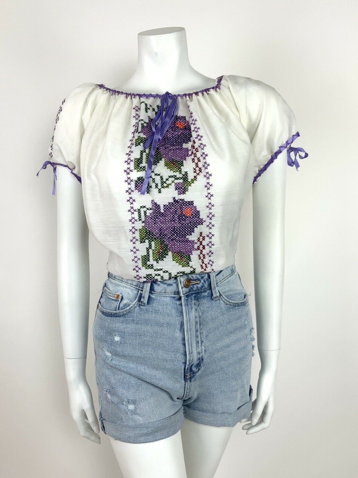 VTG 60s 70s WHITE PURPLE GREEN EMBROIDERED FLORAL BLOUSE FOLK ETHNIC 10 12 14 16