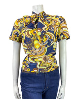 VINTAGE 60s 70s BLUE YELLOW BROWN PSYCHEDELIC SWIRL PUSSYBOW BLOUSE TOP 12 14