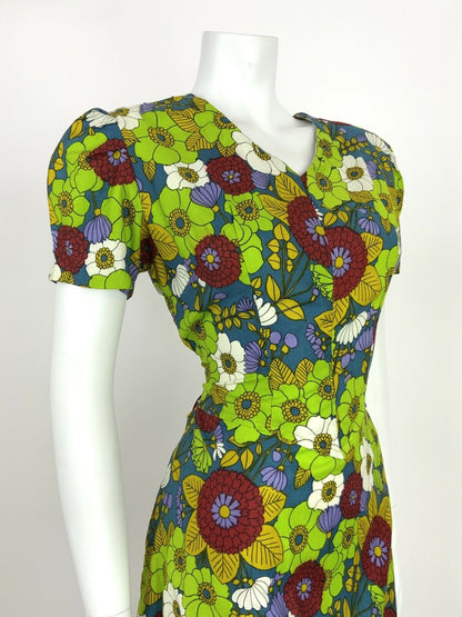 VINTAGE 60s A-LINE TEA DRESS FLORAL DITSY GREEN BLUE RED PURPLE 12 14