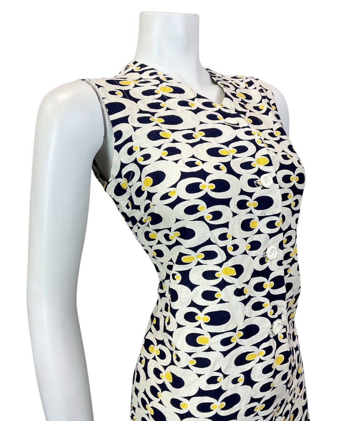 VINTAGE 60s 70s WHITE BLUE YELLOW PSYCHEDELIC MOD SLEEVELESS SHIFT DRESS 10