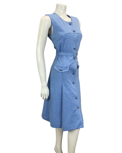 VINTAGE 60S 70S BLUE BUTTON DOWN MOD BELTED MIDI DRESS 10 12