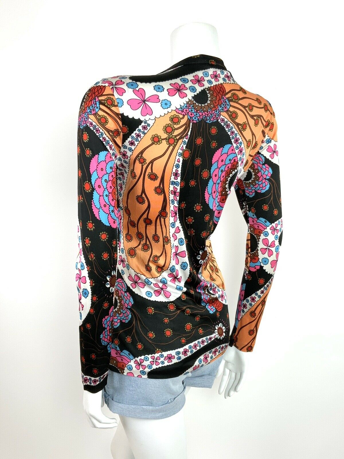 VINTAGE 70s PSYCHEDELIC TOP FLORAL NEON ACID ORANGE BLACK BLUE PINK 12 14