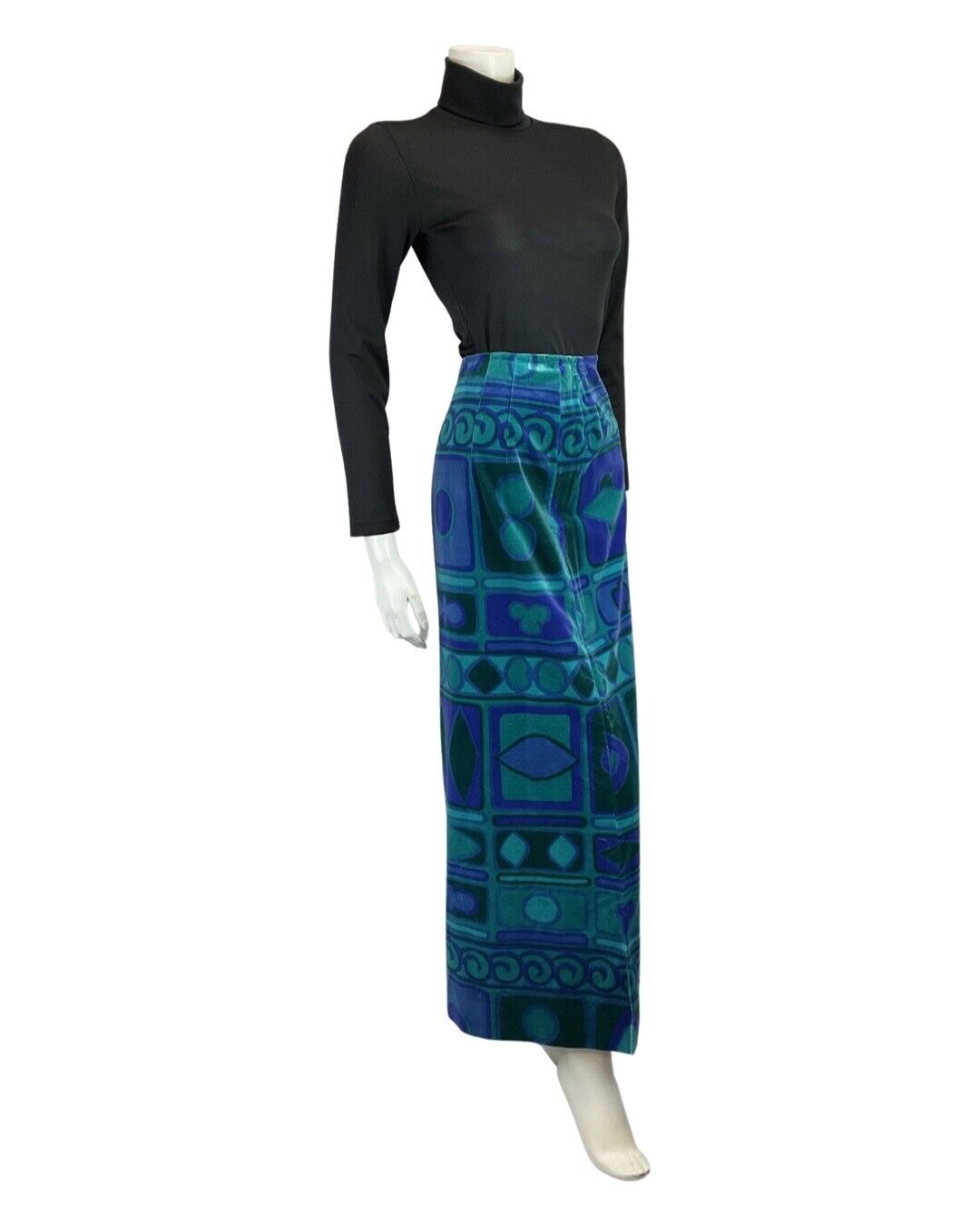 VINTAGE 60s 70s BLUE GREEN GEOMETRIC PANELLED MOD VELOUR MAXI SKIRT 8 10