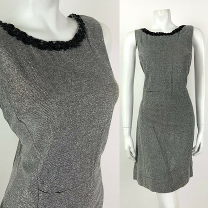 VTG 60s 70s BLACK SILVER GLITTER LUREX SEQUIN TRIM PARTY STUDIO 54 DRESS 10 12