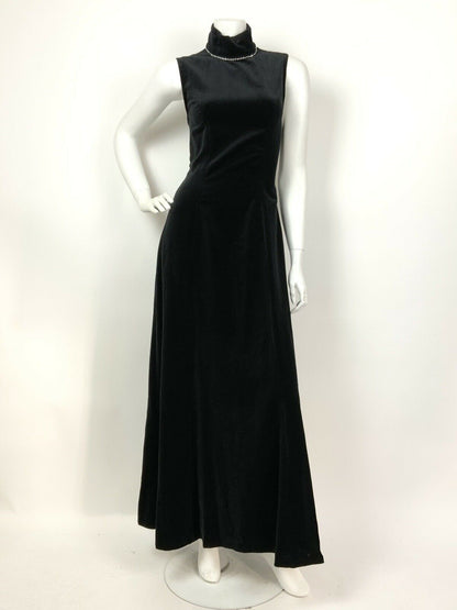 VINTAGE 60s 70s BLACK VELVET SILVER DIAMANTE STUDIO 54 DISCO MAXI DRESS 8 10