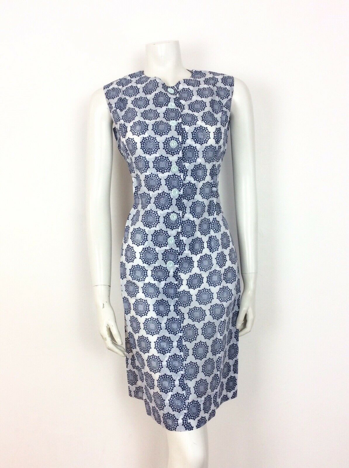 VTG 60S 70S BLUE WHITE FLOWER GEOMETRIC PRINT BUTTON UP DRESS 12