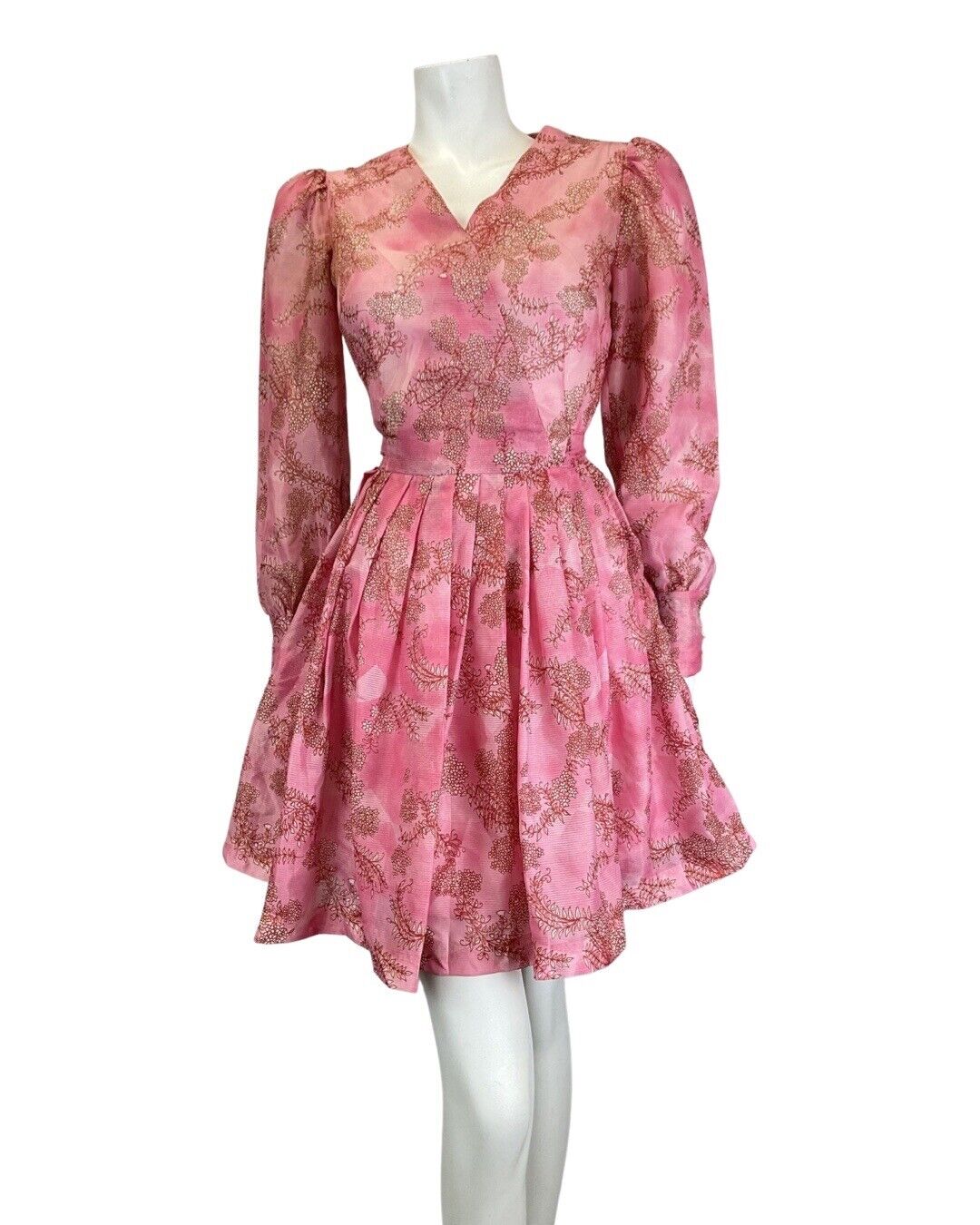 VINTAGE 60s 70s ROSE PINK RED FLORAL DITSY FLOATY SHEER MINI SWING DRESS 6