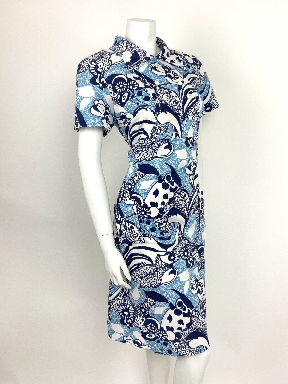 VTG 60s 70s PSYCHEDELIC WHITE NAVY BABY BLUE FLORAL ABSTRACT SHIRT DRESS 14