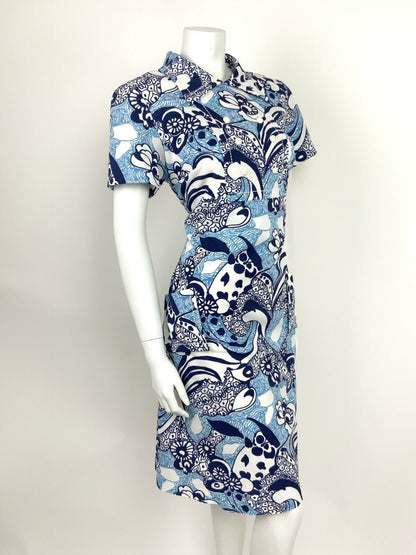 VTG 60s 70s PSYCHEDELIC WHITE NAVY BABY BLUE FLORAL ABSTRACT SHIRT DRESS 14