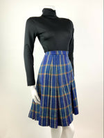 VINTAGE 60s 70s BLUE YELLOW RED PLAID CHECKED MOD KNEE-LENGTH PLEATED SKIRT 8 10