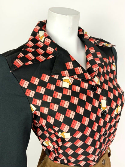 VINTAGE 60s 70s BLACK RED PEACH WHITE GEOMETRIC CHECKERED DAGGER SHIRT 10 12