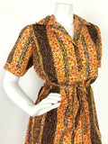 VINTAGE 60s 70s BROWN YELLOW ORANGE LILAC ABSTRACT STRIPED SHIRT DRESS 10 12 14