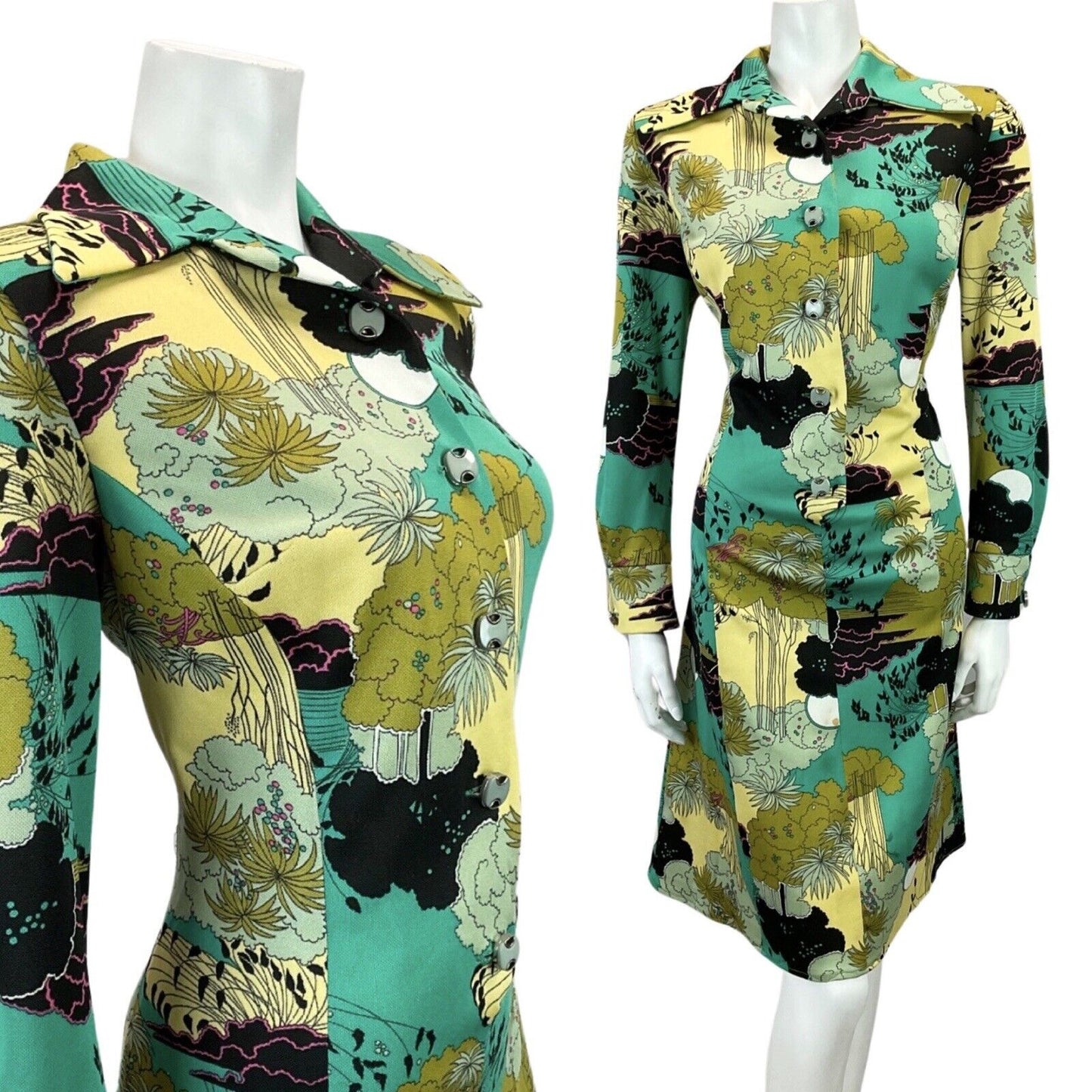 VINTAGE 60s 70s PASTEL YELLOW GREEN BOTANICAL PRINT MIDI DRESS 16