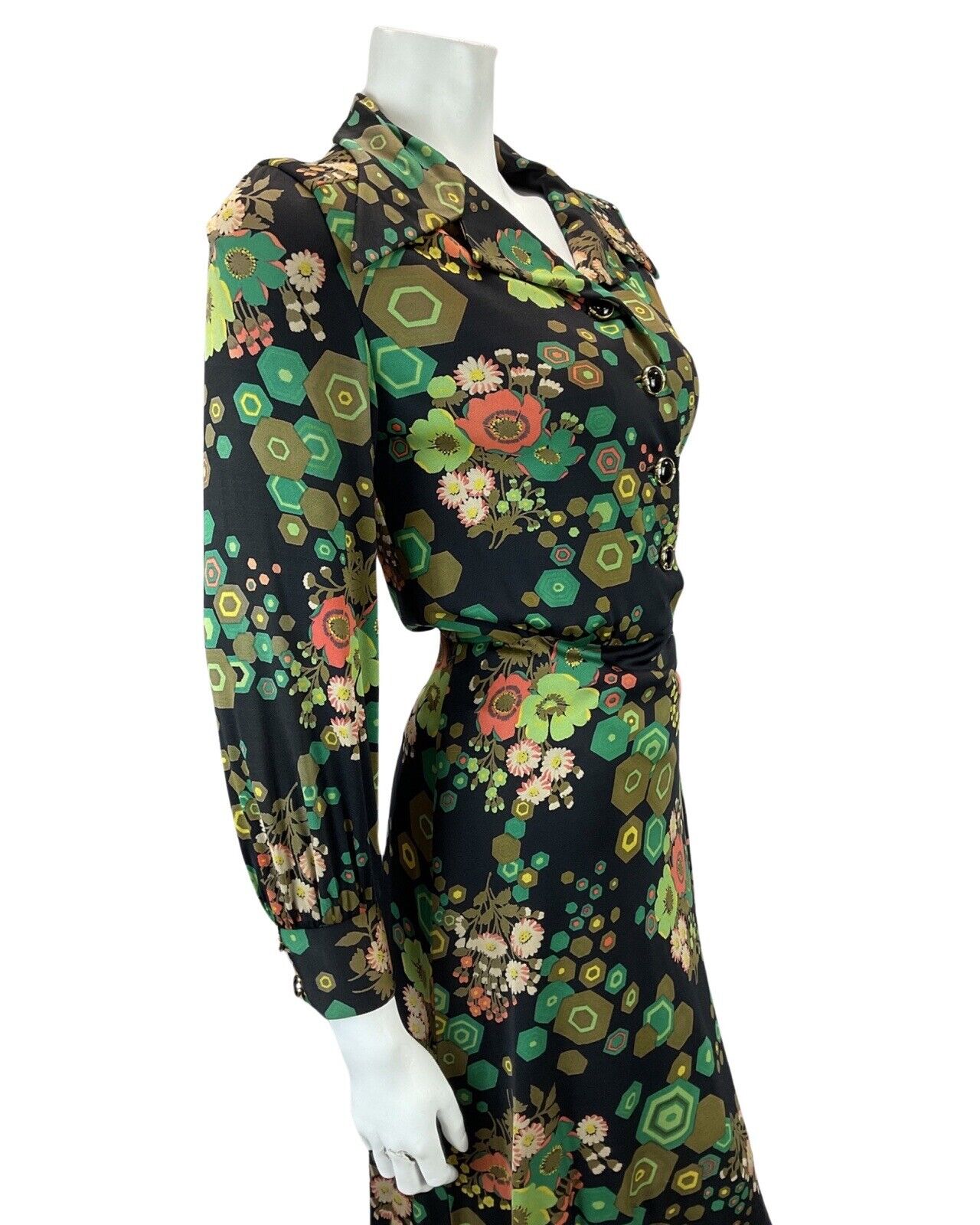 VINTAGE 60s 70s BLACK GREEN ORANGE FLORAL ABSTRACT PRINT MOD MIDI DRESS 14