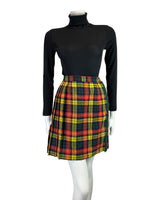 VINTAGE 60s 70s GREEN YELLOW RED TARTAN MOD TASSELED WOOL KILT SKIRT 8