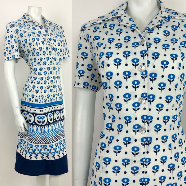 VTG 60s 70s MOD WHITE NAVY BLUE FLORAL SILVER TULIP WING COLLAR SHIRT DRESS 16