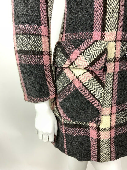 VINTAGE 60s 70s GREY SILVER WHITE BROWN PINK PLAID CHECKED MOD SWING COAT 14 16