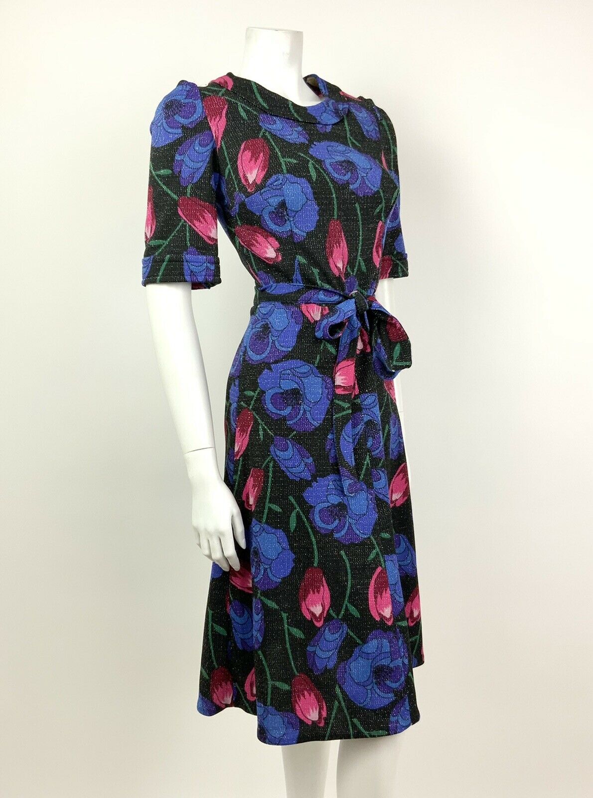 VTG 60s 70s BLACK PINK RED BLUE SILVER FLORAL TULIP ROSE LUREX PARTY DRESS 8 10