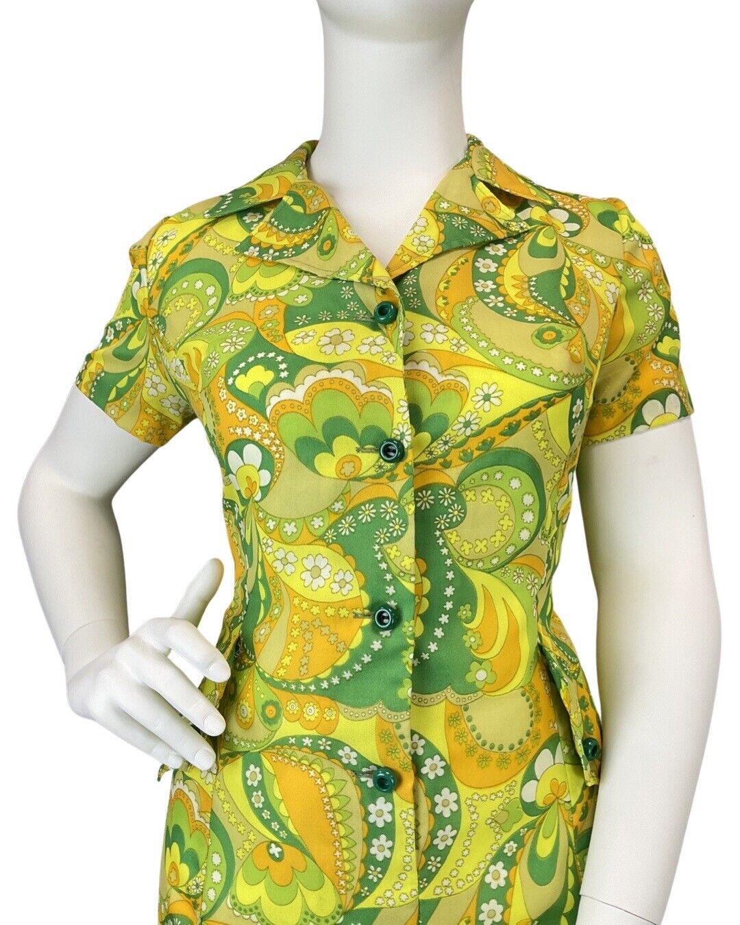 VINTAGE 60s 70s GREEN YELLOW ORANGE PSYCHEDELIC FLORAL SWIRL MOD SHIRT DRESS 16