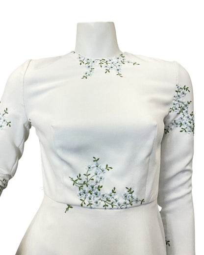 VINTAGE 60s 70s WHITE BLUE GREEN FLORAL EMBROIDERED PRAIRIE WEDDING MAXI DRESS 6