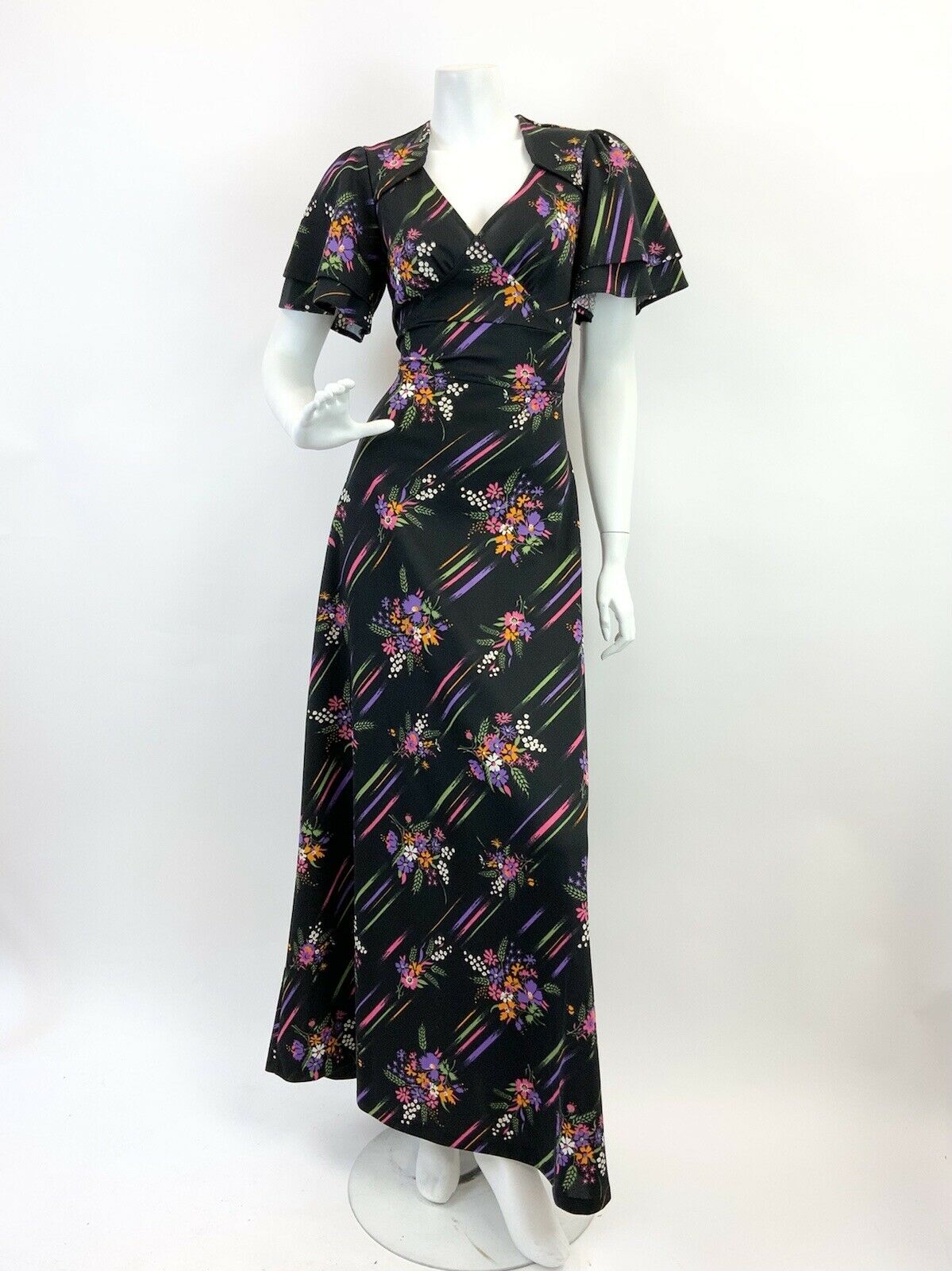 VINTAGE 60s 70s BLACK PURPLE GREEN ORANGE FLORAL STRIPED MOD MAXI DRESS 10