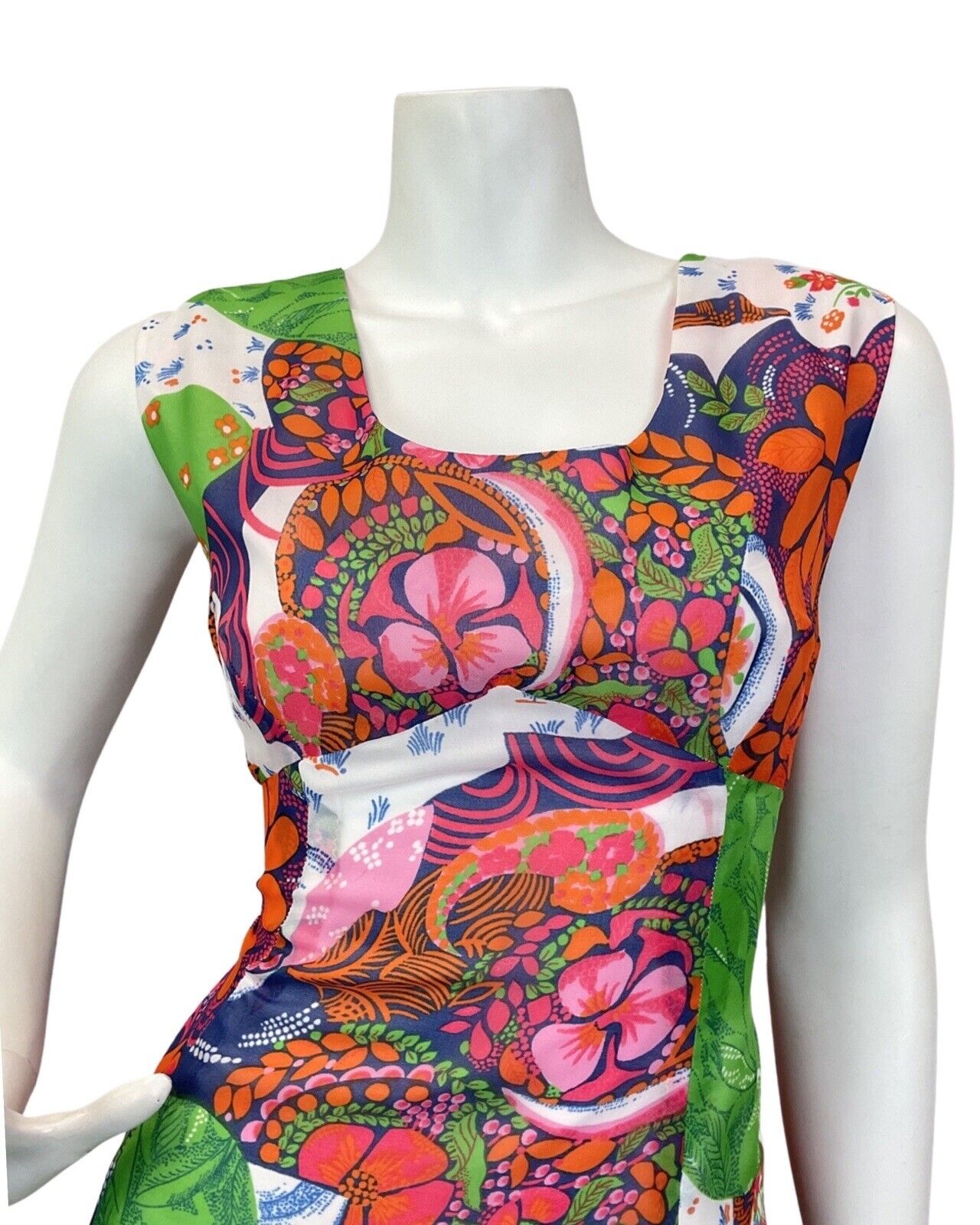 VTG 60s 70s ORANGE BLUE WHITE PSYCHEDELIC FLORAL LEAFY SLEEVELESS MAXI DRESS 12