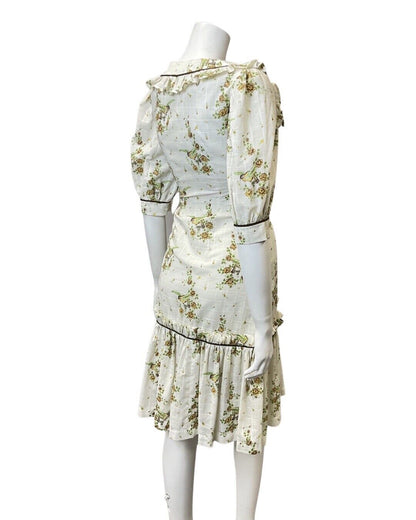 VINTAGE 70s WHITE YELLOW BROWN FLORAL BIRD PRAIRIE FOLK RUFFLE MIDI DRESS 10