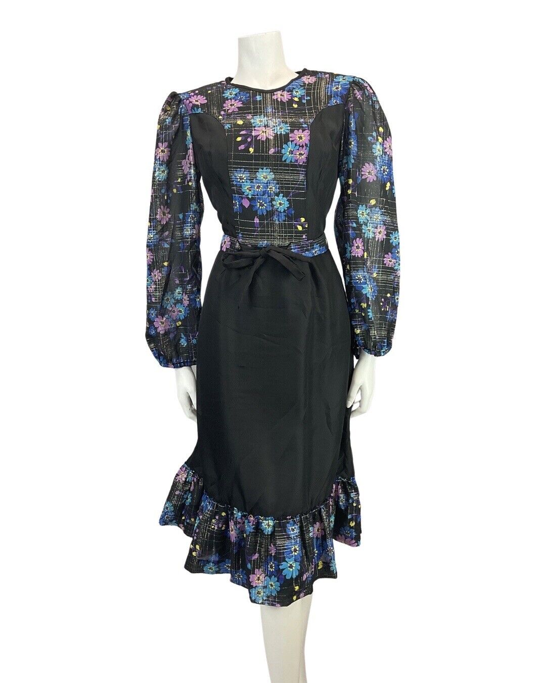 VINTAGE 60s 70s BLACK BLUE PINK DAISY FLOWER GRID SHEER BOHO MIDI DRESS 10