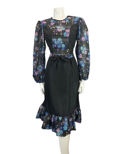 VINTAGE 60s 70s BLACK BLUE PINK DAISY FLOWER GRID SHEER BOHO MIDI DRESS 10