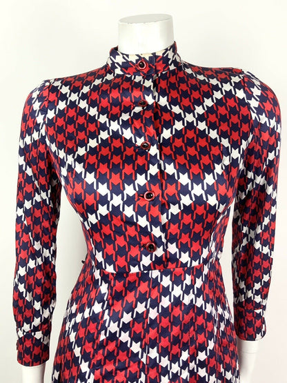 VINTAGE 60s 70s RED WHITE BLUE HOUNDSTOOTH CHECKERED MOD PLEATED DRESS 4