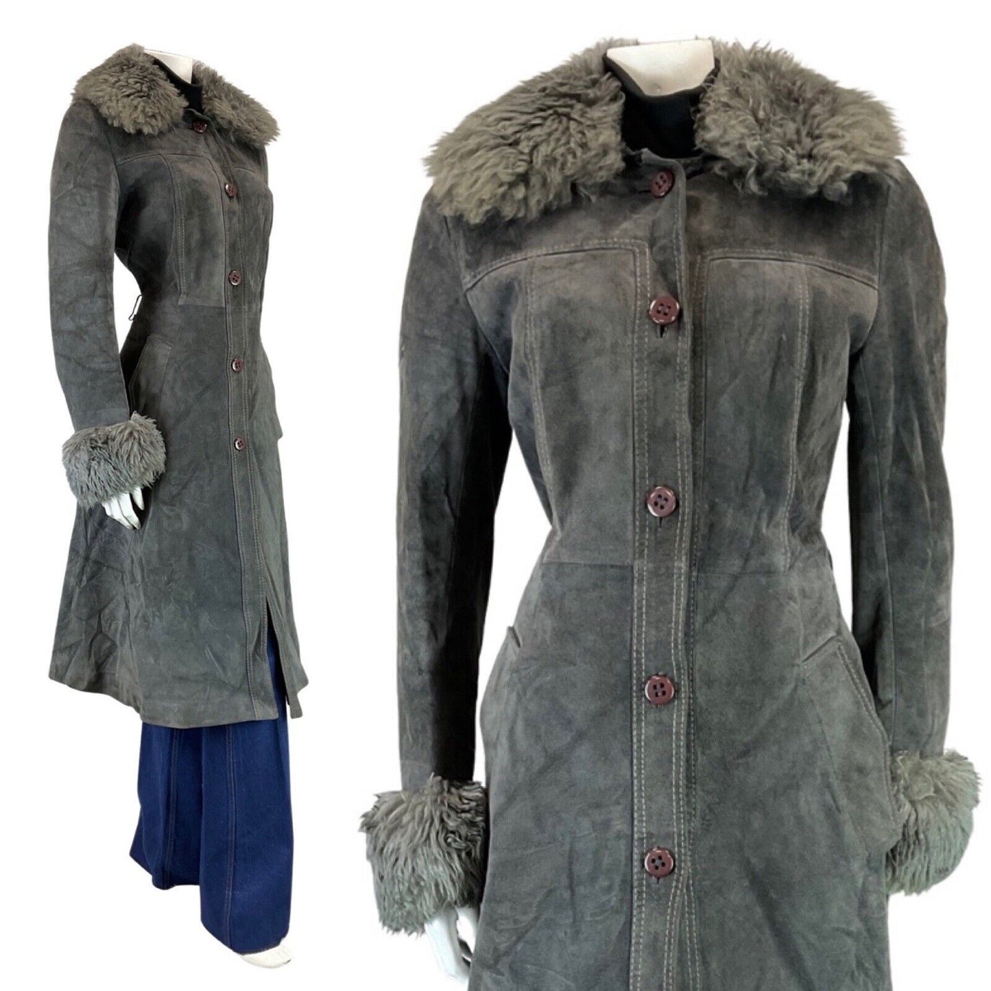 VINTAGE 60s 70s DARK GREY MOD SUEDE LEATHER LONG PRINCESS COAT 12