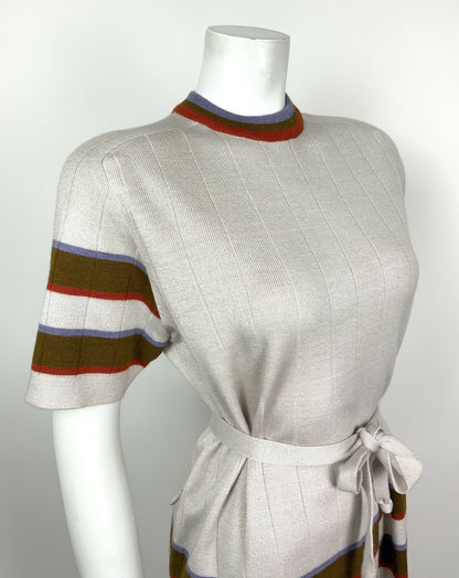 VINTAGE 60s 70s MOD SILVER BROWN PURPLE RED STRIPED BELTED DRESS 14 16