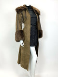 VTG 60s 70s DARK BROWN SUEDE LEATHER FUR COLLAR BELTED PRINCESS SWING COAT 10 12