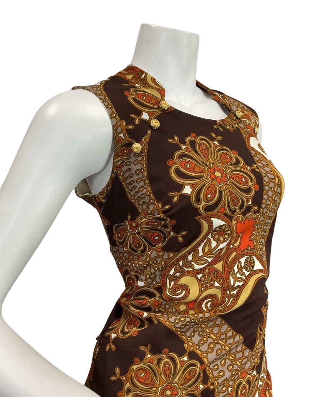 VTG 60s 70s BROWN ORANGE EIGE PSYCHEDELIC FLORAL MOD SLEEVELESS MAXI DRESS 10 12