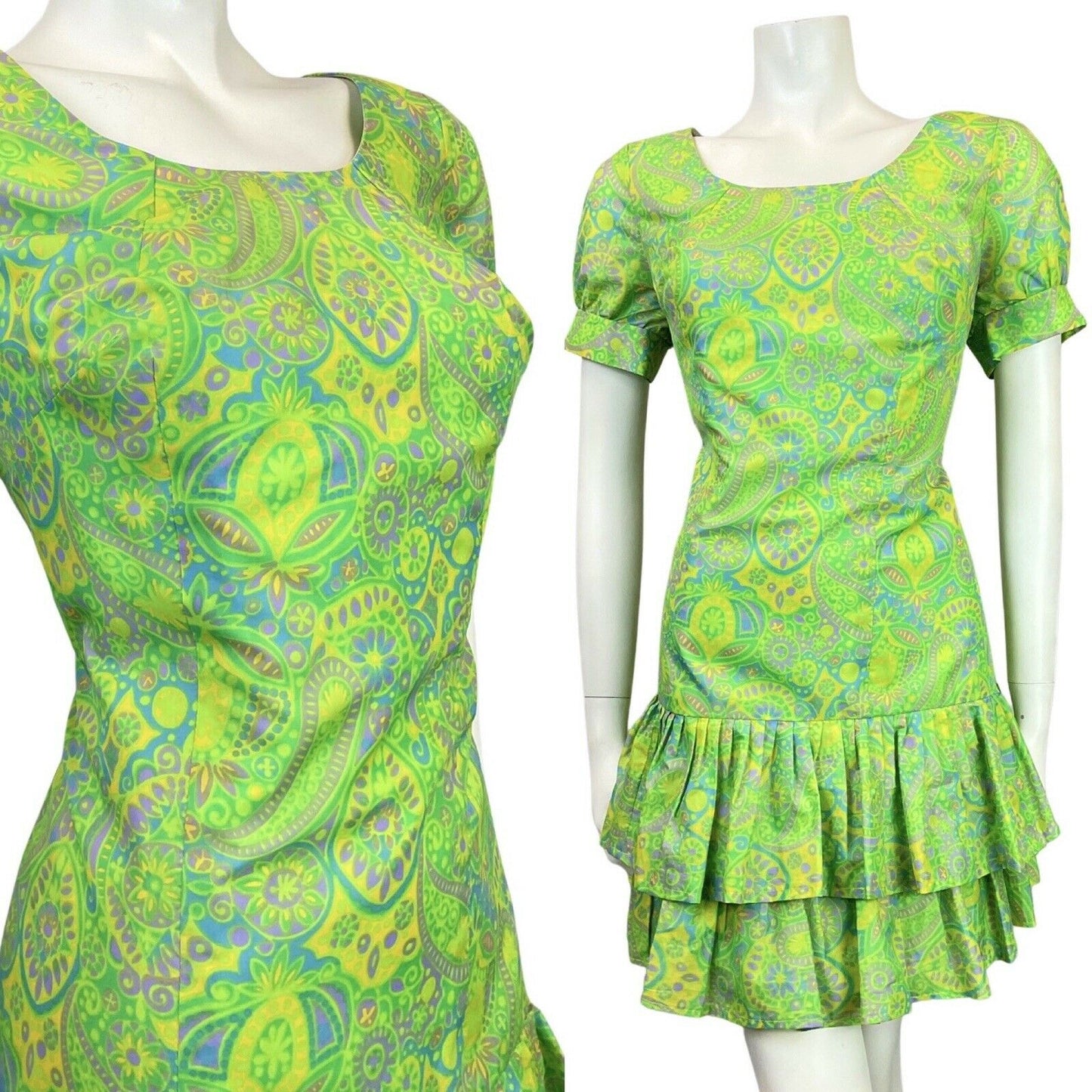 VTG 60s 70s GREEN LILAC YELLOW PSYCHEDELIC PAISLEY RUFFLED MOD MINI DRESS 12 14